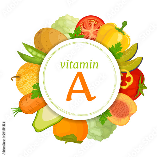 Vegetables and fruits rich in vitamin A. Vector collage on a theme of a healthy food and a diet. Food infographics.