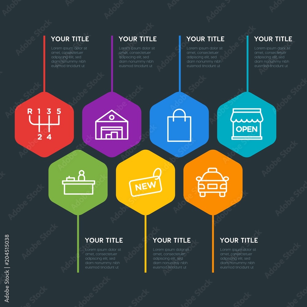 Flat geometric transports, industry, shopping infographic steps template with 7 options for presentations, advertising, annual reports Flat geometric transports, industry, shopping infographic steps template with 7 options for presentations, advertising, annual reports