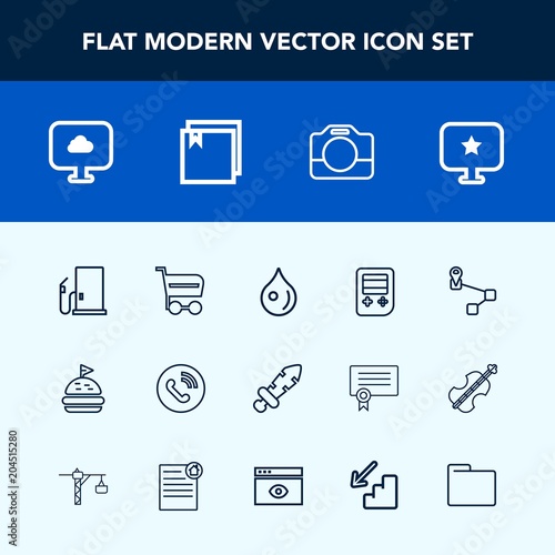 Modern, simple vector icon set with film, shop, liquid, star, arrow, location, drop, gas, circle, phone, call, petrol, gasoline, video, web, oil, lunch, handle, equipment, technology, food, fuel icons