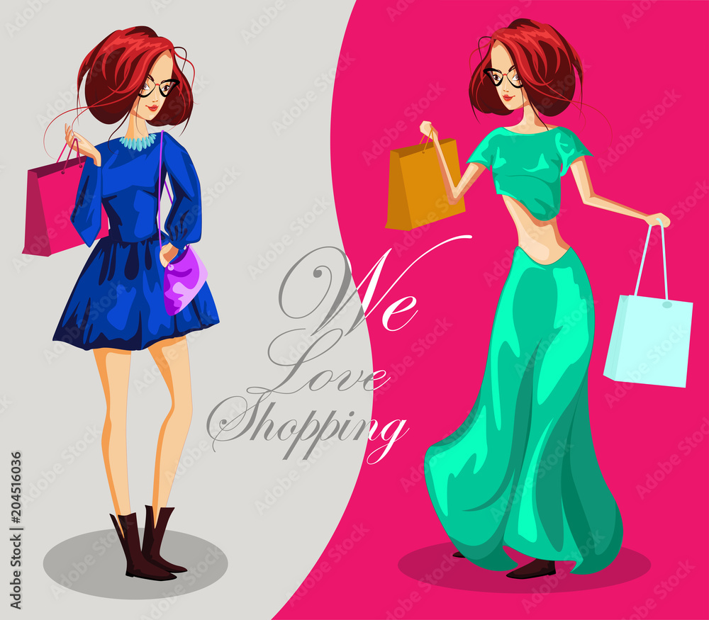 Fashion girls with shopping bags. We love shopping banner, Fashion girl cartoon character - Vector illustration Fashion girls with shopping bags. We love shopping banner, Fashion girl cartoon character - Vector illustration