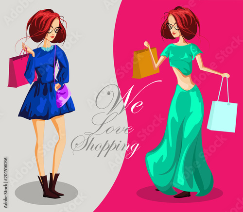 Fashion girls with shopping bags. We love shopping banner  Fashion girl cartoon character - Vector illustration 