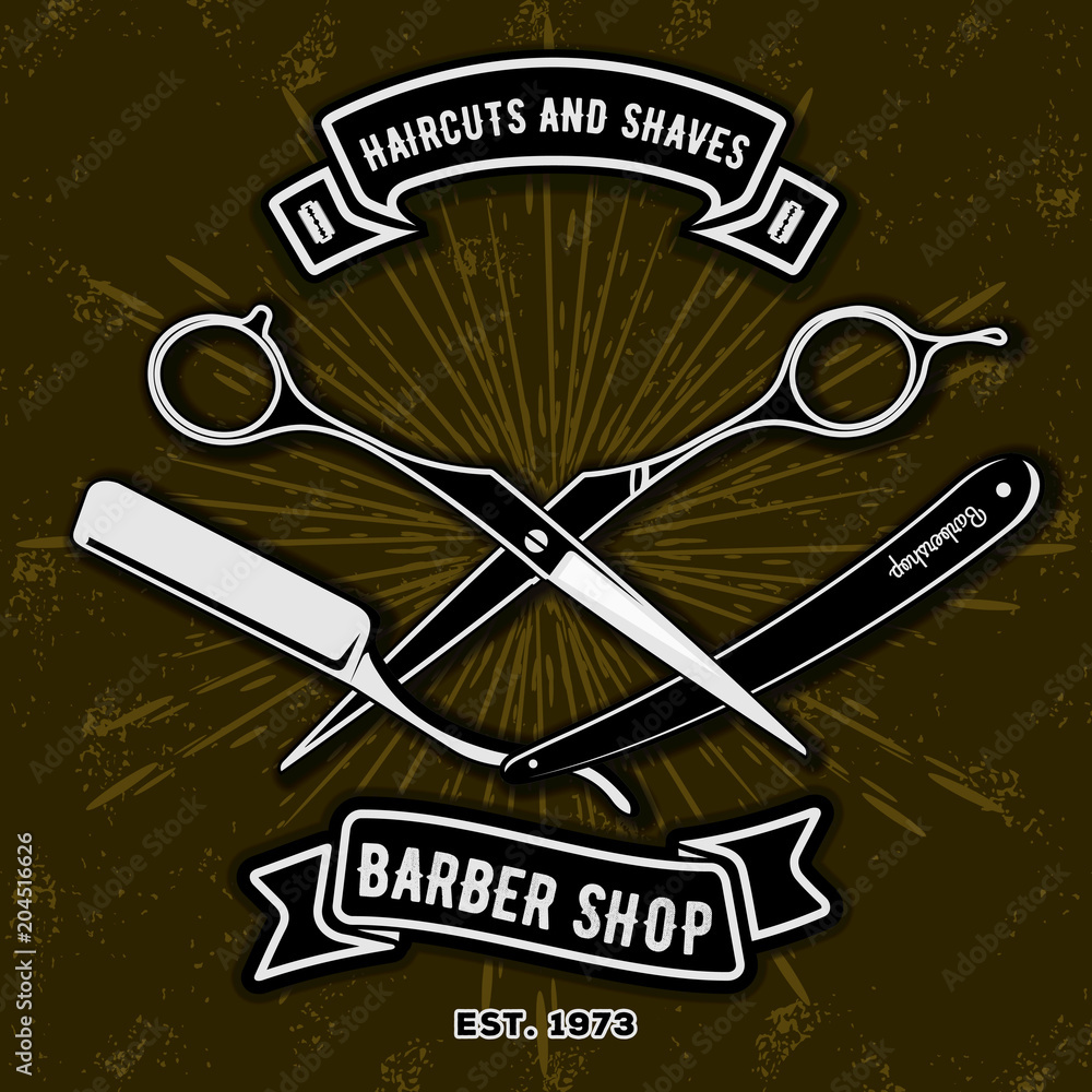 Barber shop vintage label, badge, or emblem with scissors and razors on ...