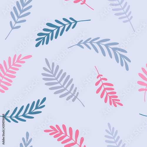 Leaf seamless doodle pattern. Vector background with blue, violet and pink branches