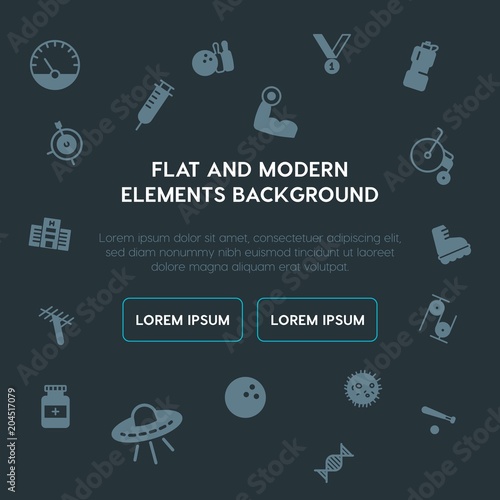 health, science, sports fill vector icons and elements background concept on dark background.Multipurpose use on websites, presentations, brochures and more