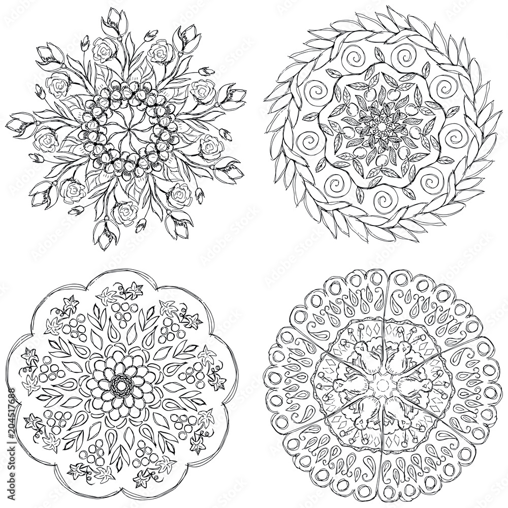 A set of black and white mandalas. Decorative round ornaments. Wicker design elements. Logos for yoga, backgrounds for posters, icons for programs and websites. The unusual shape of the flower. A set of black and white mandalas. Decorative round ornaments. Wicker design elements. Logos for yoga, backgrounds for posters, icons for programs and websites. The unusual shape of the flower.