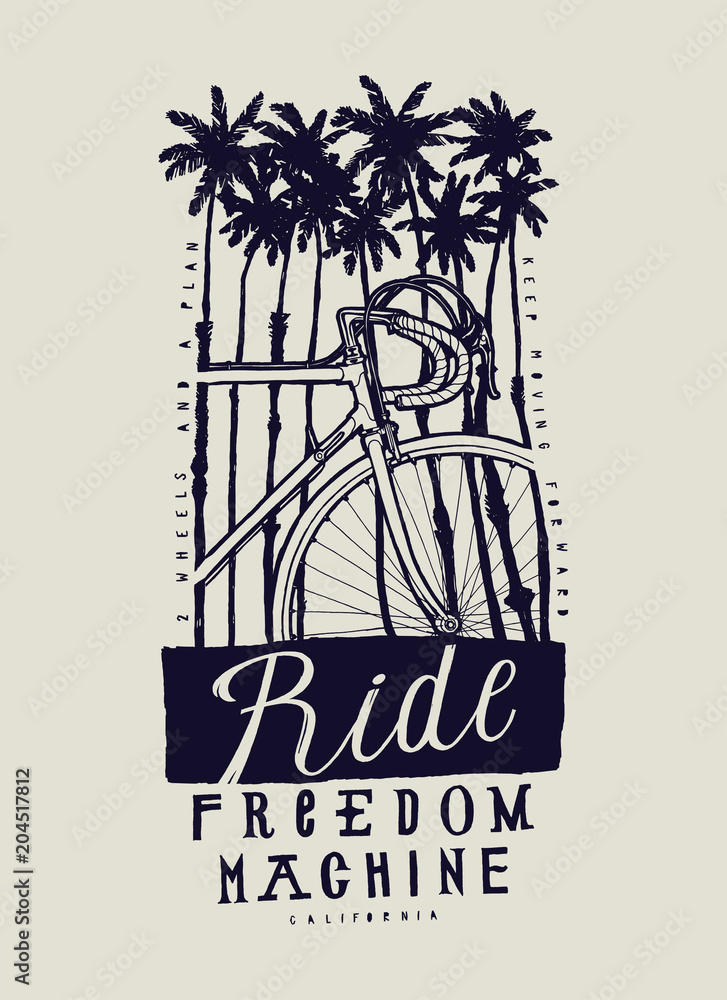 Obraz premium Ride freedom machine - tropical palm-trees vintage bicycle typography t-shirt print