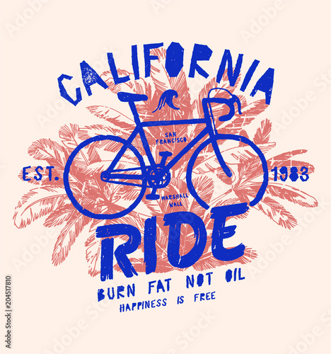 california ride - vintage bicycle typography print - tropical palm trees t-shirt