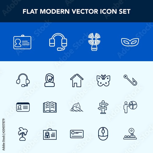 Modern, simple vector icon set with wing, support, seamark, dolphin, party, education, center, nature, paper, microphone, technology, celebration, literature, fishing, estate, identity, office icons