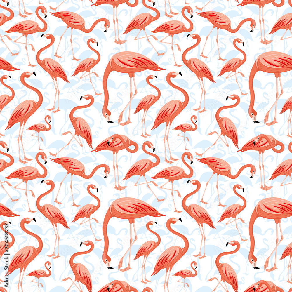 Obraz premium Seamless pattern with pink flamingos on white background.
