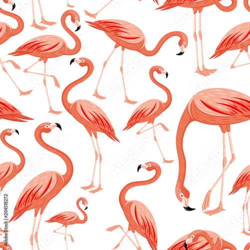 Seamless pattern with pink flamingos on white background.