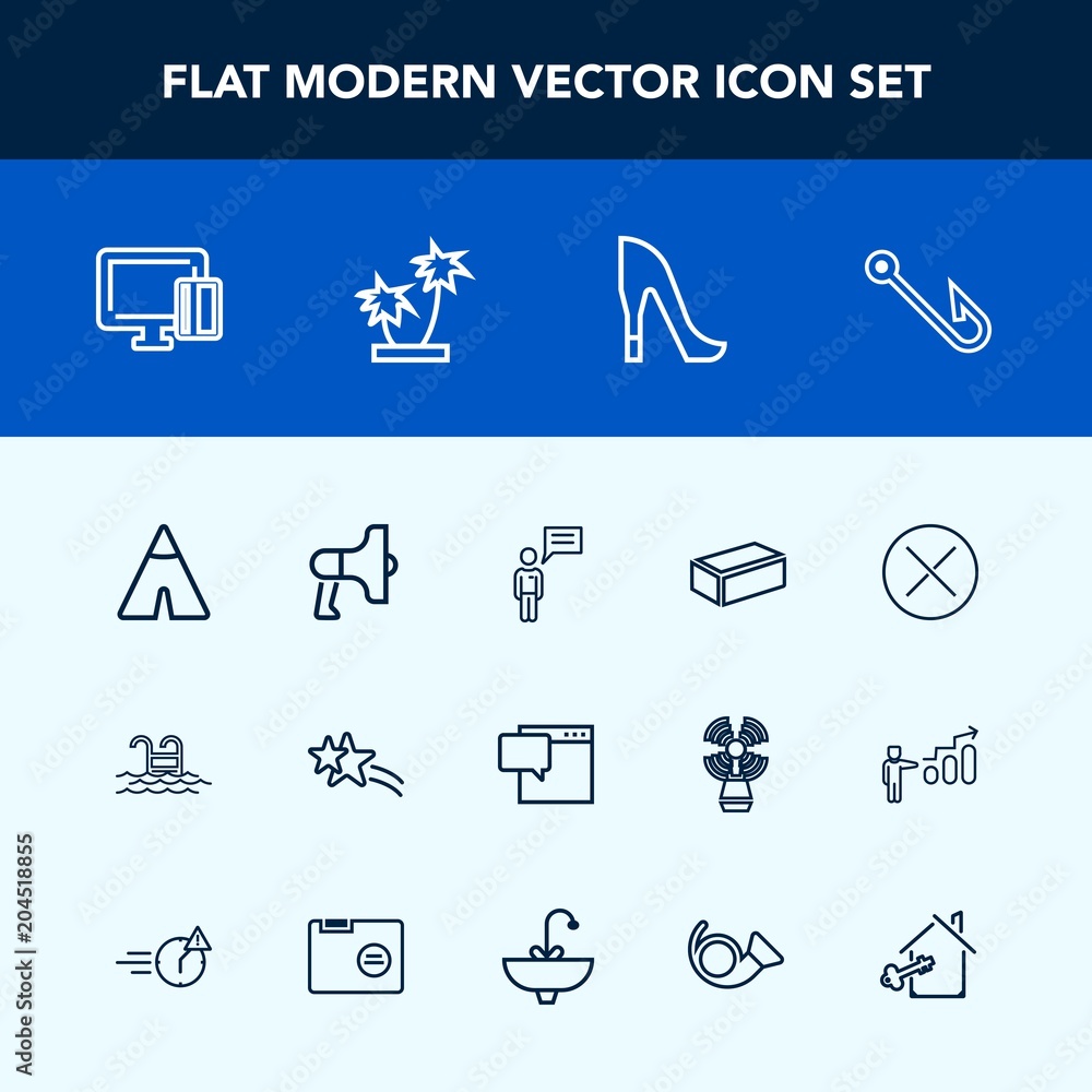 Modern, simple vector icon set with tent, communication, shiny, rod, water, hook, swimming, adventure, pool, falling, megaphone, shopping, shoe, female, payment, high, material, blue, person icons Modern, simple vector icon set with tent, communication, shiny, rod, water, hook, swimming, adventure, pool, falling, megaphone, shopping, shoe, female, payment, high, material, blue, person icons