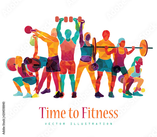 Time to fitness. Detailed vector illustration silhouettes strong people. Sport fitness, gym body-building, crossfit, workout, powerlifting. Healthy lifestyle. Vector illustration.