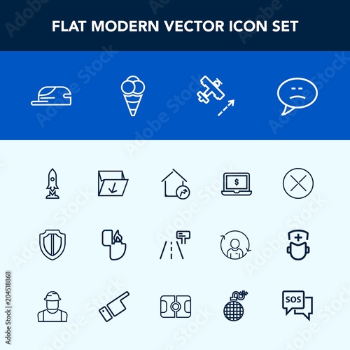 Modern, simple vector icon set with spaceship, chat, trash, flame, bubble, cap, dessert, increase, hat, box, laptop, waste, fashion, object, traffic, airplane, protect, shield, computer, lighter icons