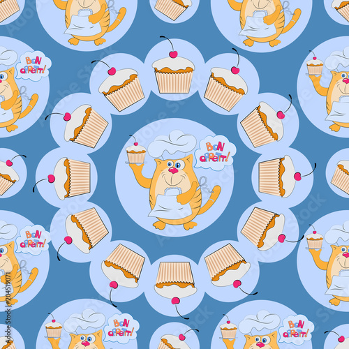 Cat confectioner with cake.  Seamless pattern. Design for menus, books for recipes, packaging materials, textiles.