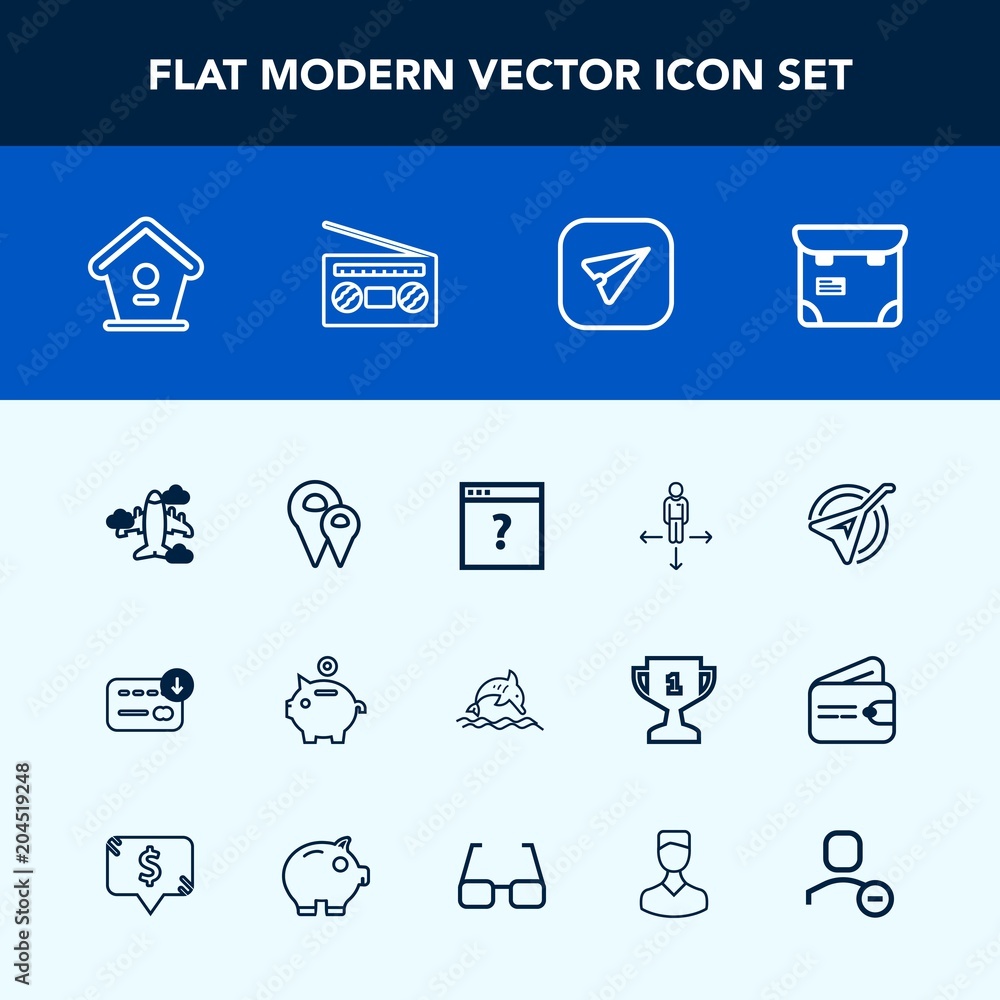 Modern, simple vector icon set with animal, map, pin, wildlife, aircraft, musical, instrument, sign, investment, birdhouse, radio, people, bag, home, direction, plane, location, wooden, folk icons