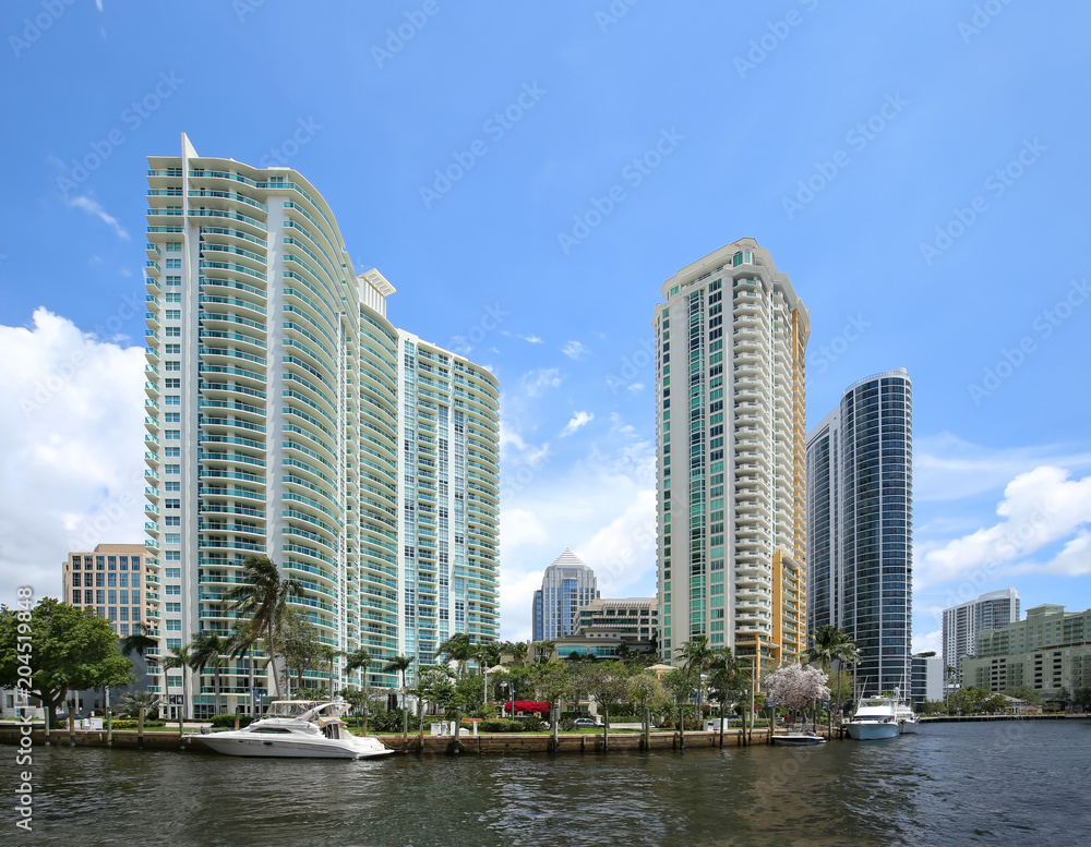 Beautiful scenic riverfront condos and apartments located on Las Olas Riverwalk in downtown Fort Lauderdale, Florida, USA.