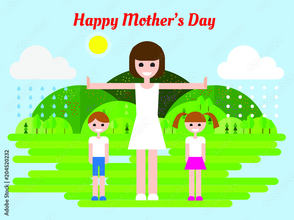 Spring vector illustration for Mother's Day for your site, flyer or greeting card, modern flat design conceptual landscapes with a park and people (a mother, a son, a daughter). Spring vector illustration for Mother's Day for your site, flyer or greeting card, modern flat design conceptual landscapes with a park and people (a mother, a son, a daughter).