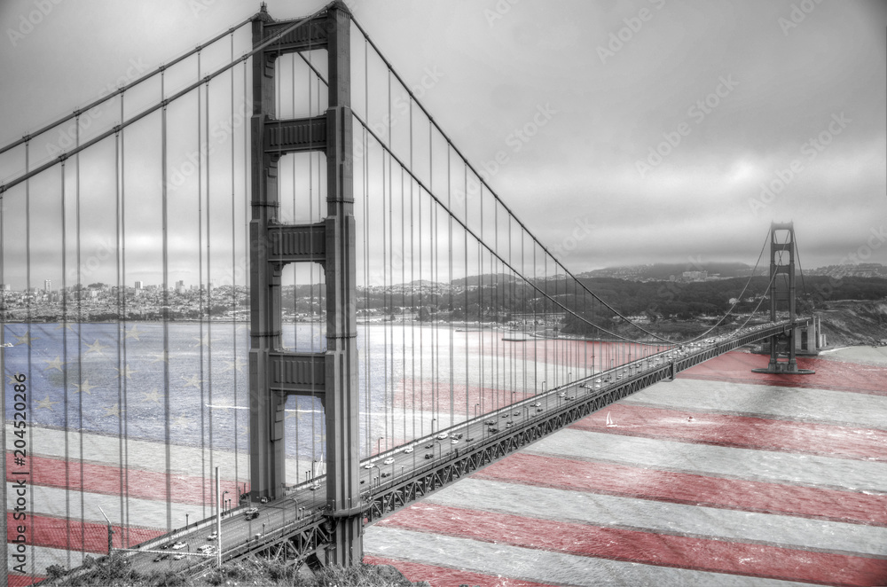 Fototapeta premium Golden Gate bridge over US Flag