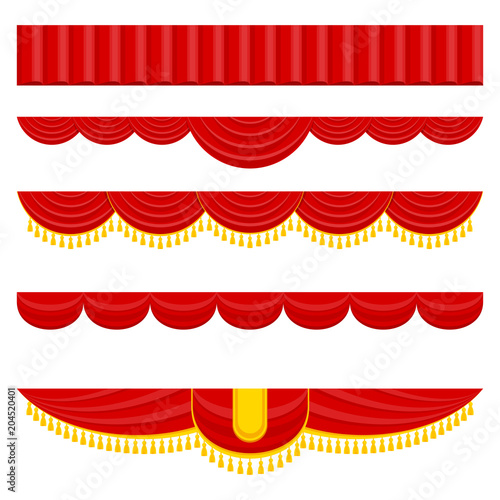 Lambrequin, pelmet for the red curtains of a theatrical scene in a concert hall, opera or ballet. Flat vector cartoon illustration. Objects isolated on a white background. photo