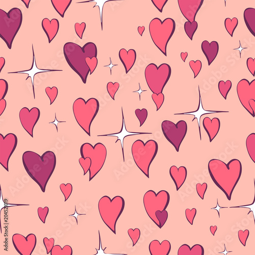 Seamless vector pattern of hearts with shine in cartoon style