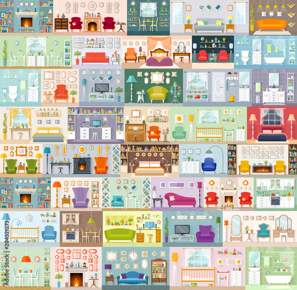 Obraz premium A big set of vector interiors. Variants of design of different rooms. Decor and furniture arrangement.