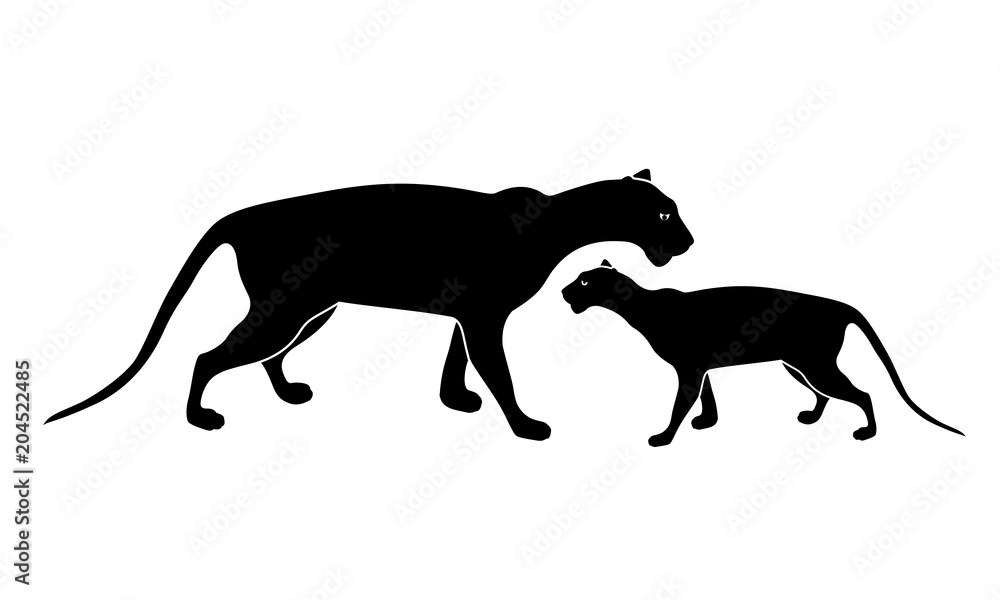 black panther, mother and child silhouette. Wild animals. Vector illustration isolated on white background
