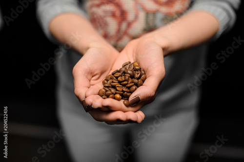 Barista girl holding in her hands a small handful of coffee grains