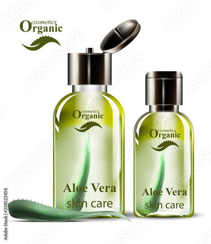 Aloe vera organic cosmetics set Vector. Lotion and shower gel realistic mock ...