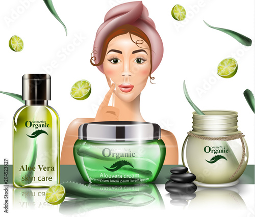 Woman using cream lotion on her face Vector. Realistic beauty products set. template design packaging mock ups