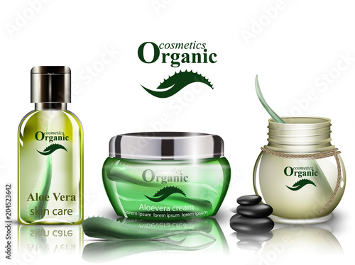 Aloe vera organic cosmetics set Vector. Lotion and shower gel realistic mock ...
