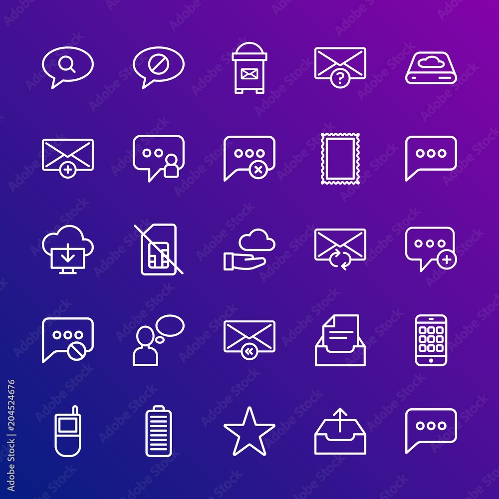 Modern Simple Set of cloud and networking, chat and messenger, mobile, email Vector outline Icons. Contains such Icons as full, sim and more on gradient background. Fully Editable. Pixel Perfect. Modern Simple Set of cloud and networking, chat and messenger, mobile, email Vector outline Icons. Contains such Icons as full, sim and more on gradient background. Fully Editable. Pixel Perfect.