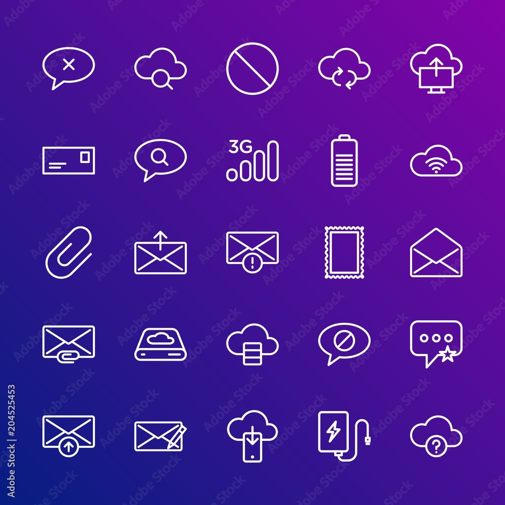Modern Simple Set of cloud and networking, chat and messenger, mobile, email Vector outline Icons. Contains such Icons as  usb, battery and more on gradient background. Fully Editable. Pixel Perfect.