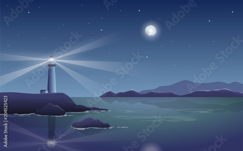 Vector night landscape with lighthouse by the sea and shining moon