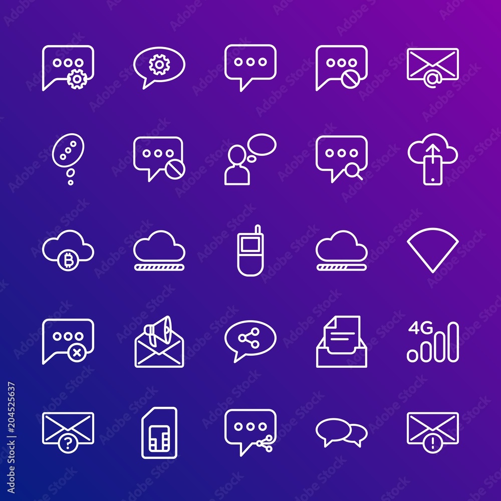 Modern Simple Set of cloud and networking, chat and messenger, mobile, email Vector outline Icons. Contains such Icons as  share, social and more on gradient background. Fully Editable. Pixel Perfect.