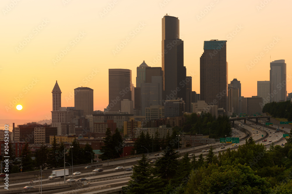 Interstate 5 and downtown at sunset, Seattle, Washington State, USA