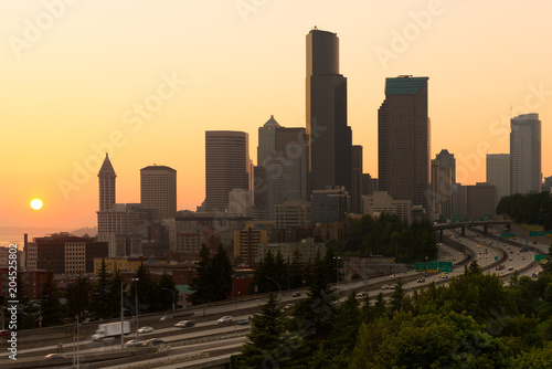 Interstate 5 and downtown at sunset, Seattle, Washington State, USA