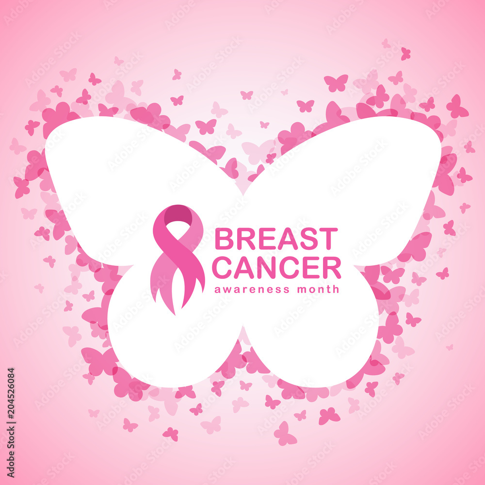 pink ribbon and Breast cancer awareness text in Butterfly banner and abstract butterfly frame and pink background vector illustration