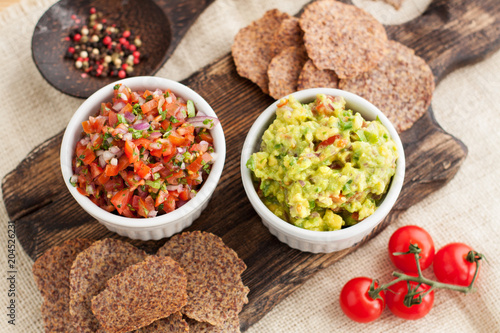 Mexican guacamole and salsa with gluten-free chips