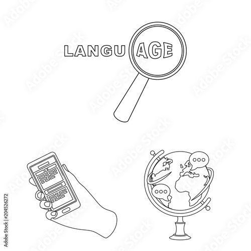 Translator and linguist outline icons in set collection for design. Interpreter vector symbol stock web illustration.