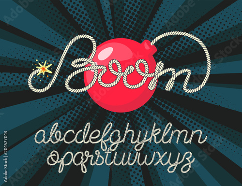 Boom - rope alphabet font lettering with bomb