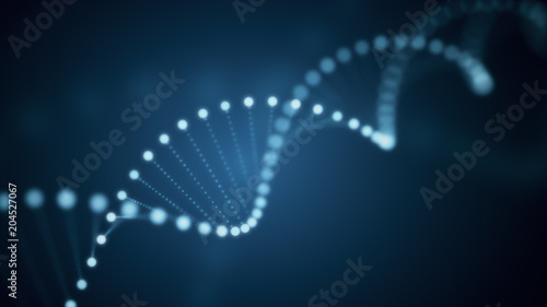 3d illustration of rotating DNA glowing molecule on blue background photo