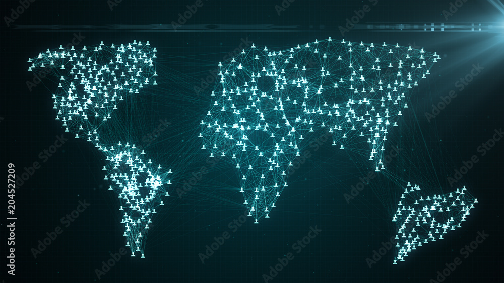 Connecting people on the internet, nodes transforming into the shape of a world map, social network connection 3d illustration
