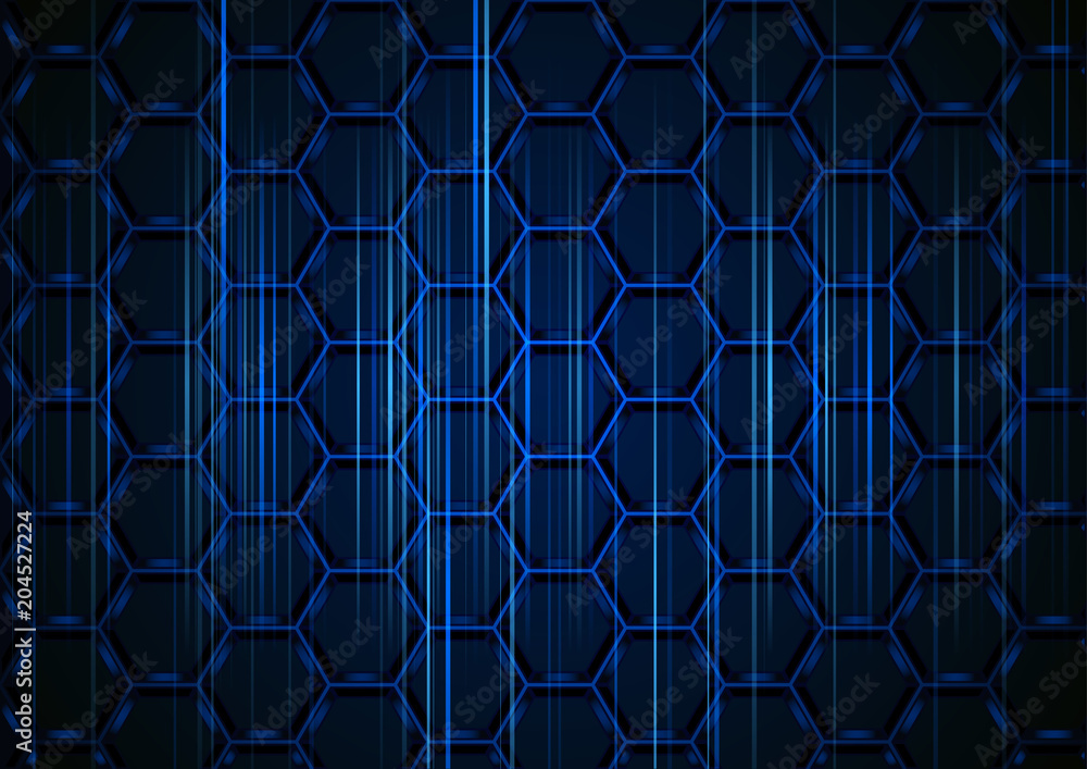 Fototapeta premium Blue Hexagonal Structure with Light Stripes on Dark Background - Abstract Illustration with 3D Effect, Vector