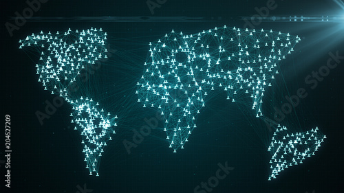 Connecting people on the internet, nodes transforming into the shape of a world map, social network connection 3d illustration