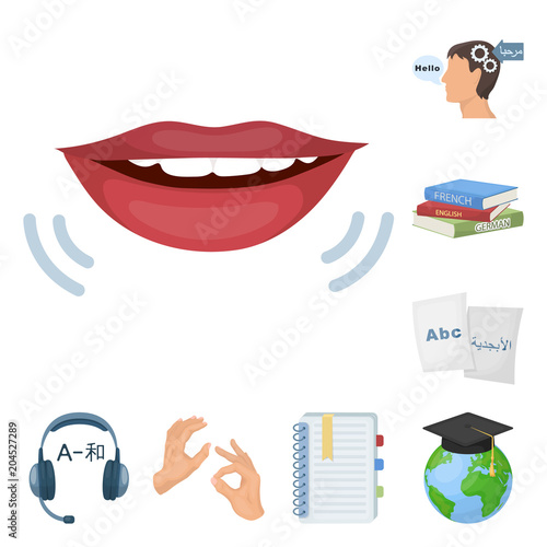 Translator and linguist cartoon icons in set collection for design. Interpreter vector symbol stock web illustration.
