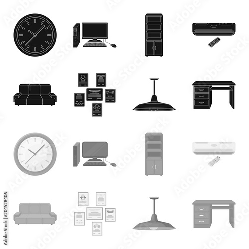 Comfortable sofa, letters and diplomas within the framework, an office ceiling lamp, a desk with drawers. Office Furniture set collection icons in black,monochrome style vector symbol stock