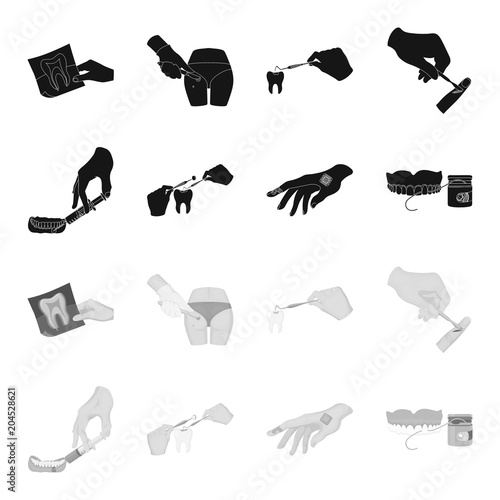 Anesthetic injection, dental instrument, hand manipulation, tooth cleaning and other web icon in black,monochrome style.bactericidal plaster, medicine icons in set collection.