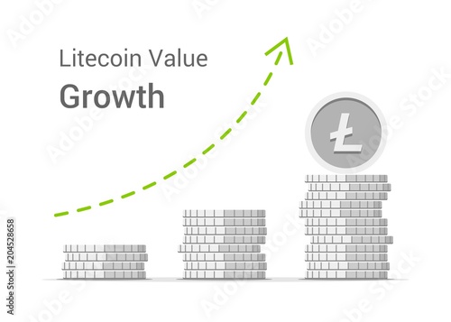 Litecoin value growth concept illustration isolated on white background. Stacks of silver vector flat coins