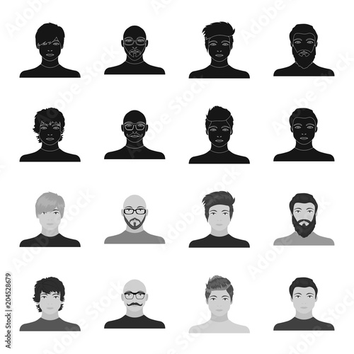 The appearance of the young guy, the face of a bald man with a mustache in his glasses. Face and appearance set collection icons in black,monochrome style vector symbol stock illustration web.