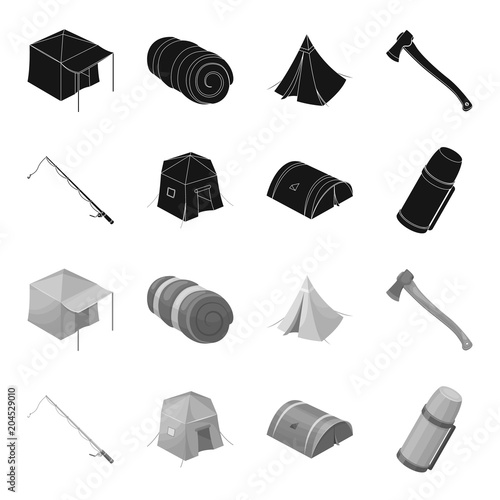 Spinning for fishing, tent, thermos.Tent set collection icons in black,monochrome style vector symbol stock illustration web.